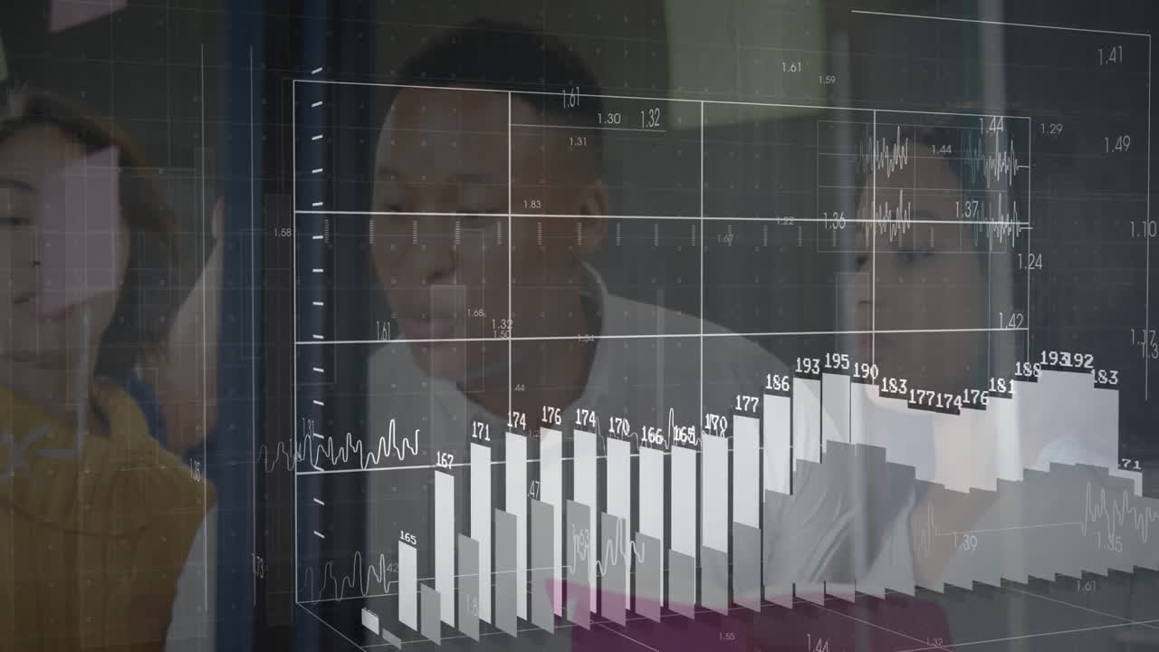 Analyzing financial data charts and graphs, business professionals in office