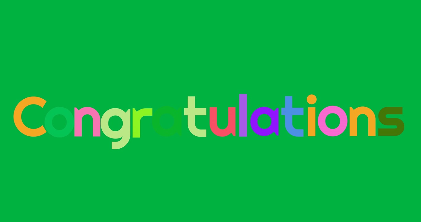 Animazione digitale di un banner di testo colorato con "congratulazioni" su sfondo nero.