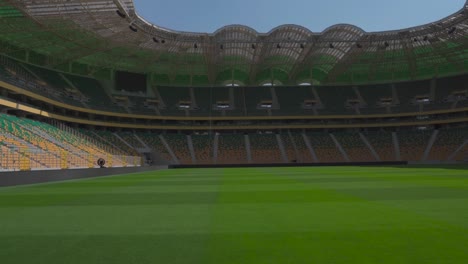 the stadium's green lawn, lush and perfectly mowed for a football match