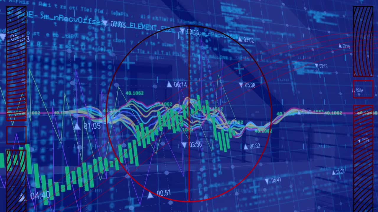 Animation of financial data processing over blue background