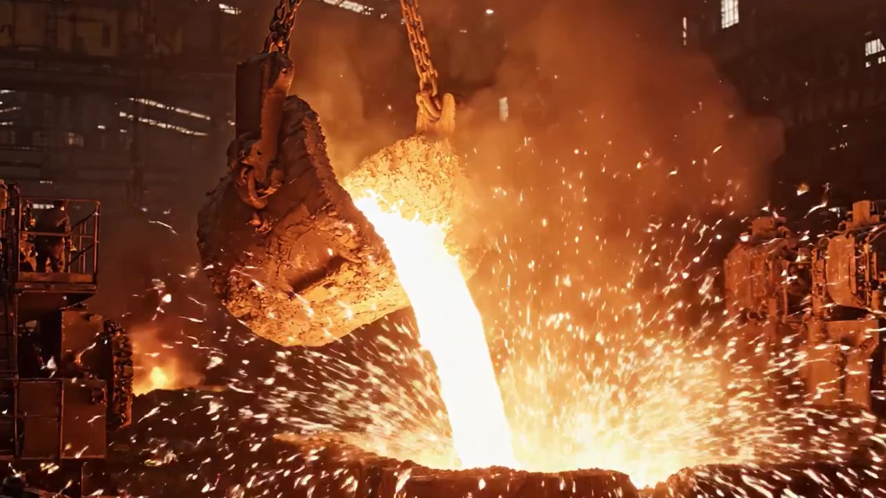 Uno spettacolo affascinante di colata di metallo: testimoniare il processo infuocato della produzione dell'acciaio in un ambiente di fonderia industriale con metallo fuso scintillante simile a lava.