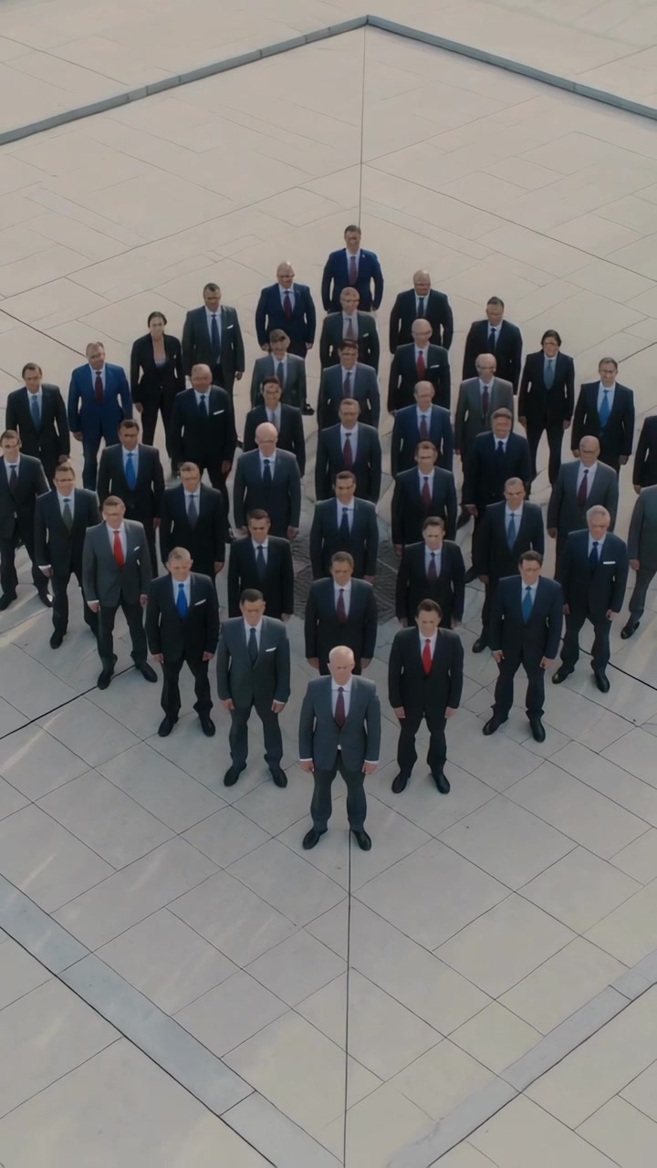 Vertical video: Shifting camera revealing team posing in wedge on tiled roof in suits for portrait