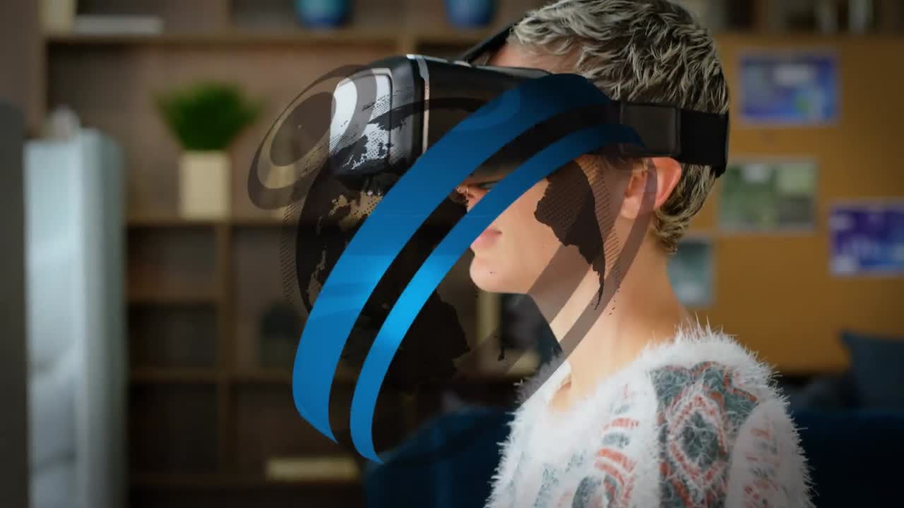 animación de globo y círculos sobre mujer de negocios caucásica usando auriculares vr