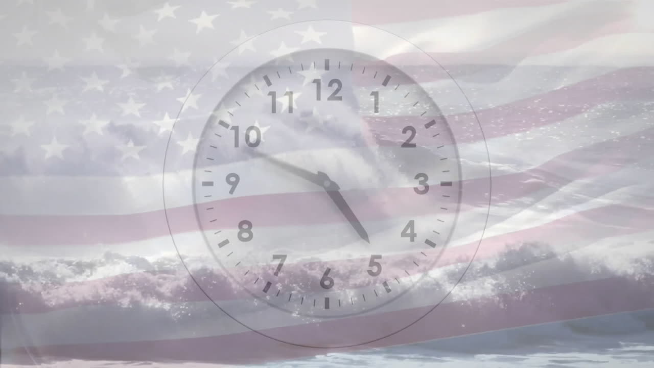 Animation of fast moving hands on clock over american flag and cloudy sky