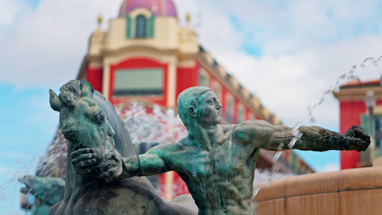 Nice, France - May 12, 2025: Close up of the Sun water fountain in the Massena Square in daylight