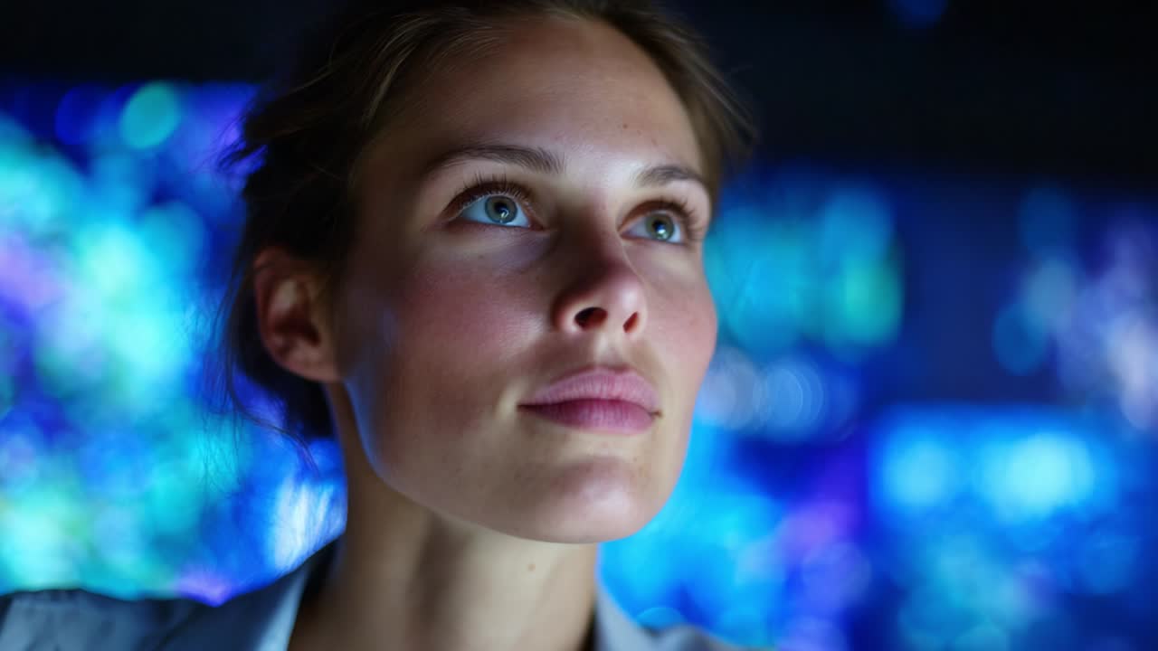 A focused woman gazes into the distance, immersed in a world of vibrant digital patterns and illuminated screens, reflecting curiosity and a quest for knowledge amidst a captivating technological environment
