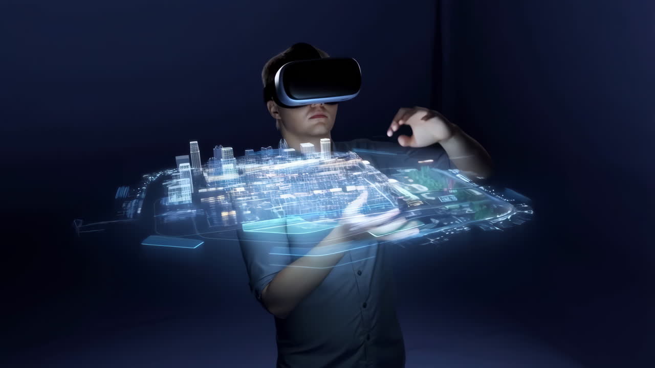 Man wearing VR headset interacting with a holographic city model