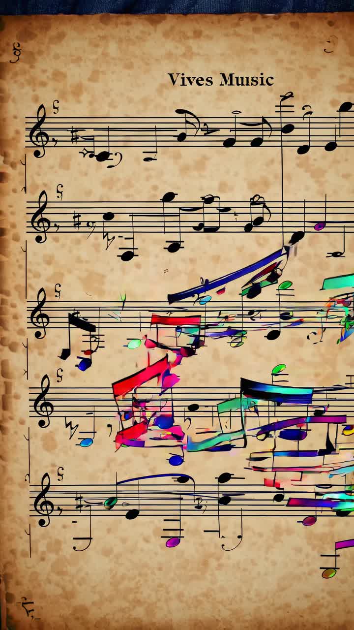 A top-down video view of a vintage music sheet with colorful, abstract notes, blending traditional