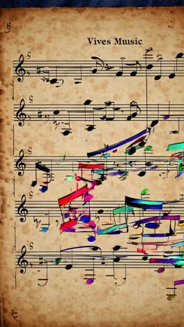 a top-down video view of a vintage music sheet with colorful, abstract notes, blending traditional