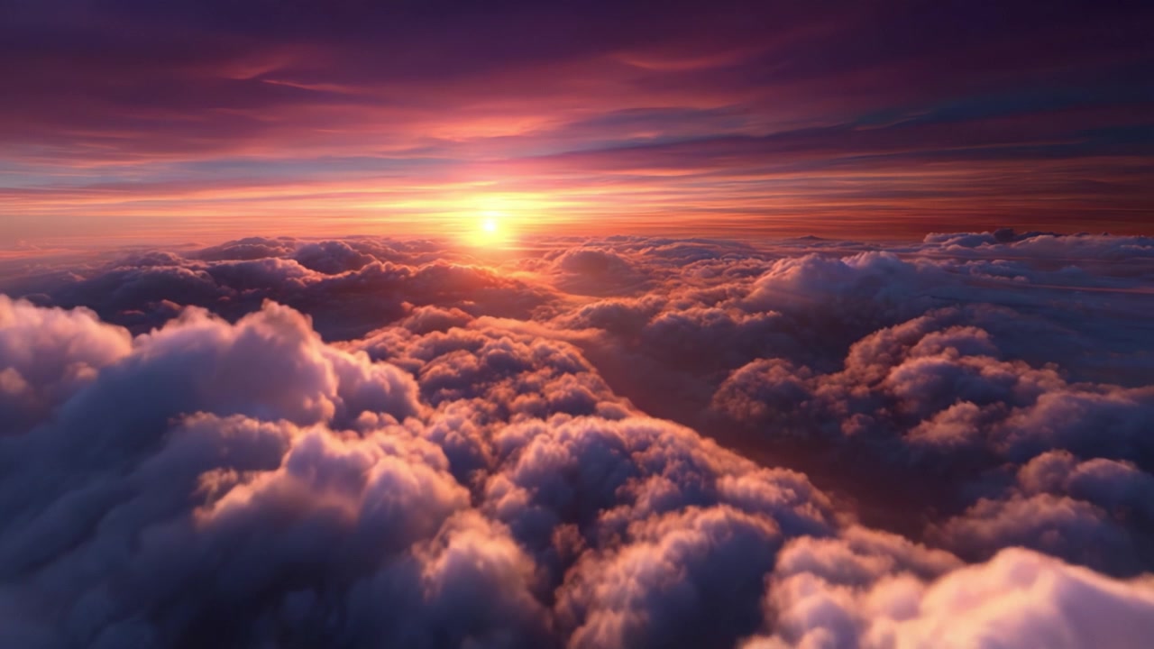 Nascer do sol deslumbrante sobre um mar de nuvens, iluminando um céu sonhador com tons pastéis suaves e cores ricas, capturado de cima do mundo em toda a sua glória.