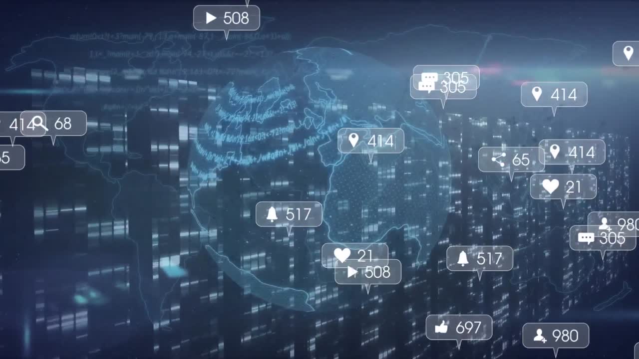 Animation of media icons and world map over globe