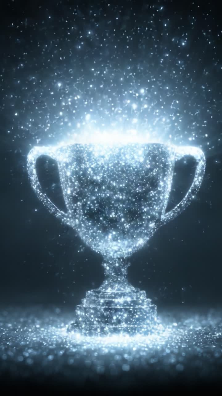 Un trofeo scintillante splende di radiosità, a significare successo e realizzazione, avvolto in una cascata di luce abbagliante e particelle scintillanti.