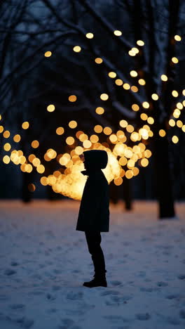 silhouette of a person in a winter park at night