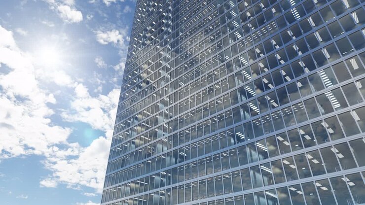 Janelas de edifício de escritórios arranha-céus com escritórios das empresas sedes