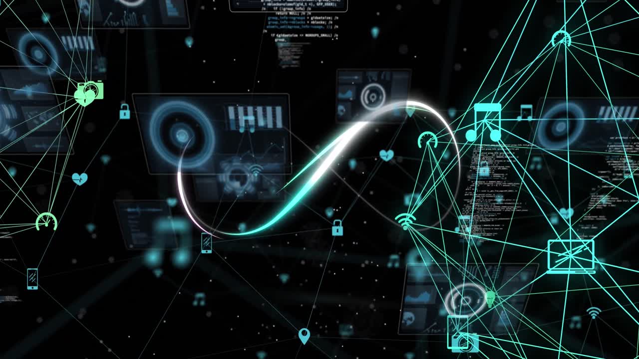 animación de senderos de luz en forma de infinito y globos de iconos digitales contra un fondo negro