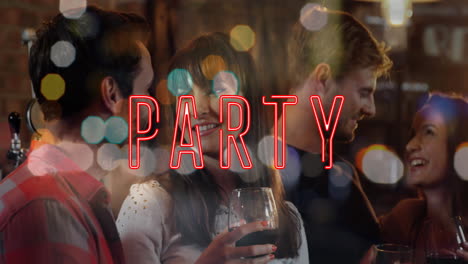 animation of party over happy caucasian female and male friends drinking wine and talking