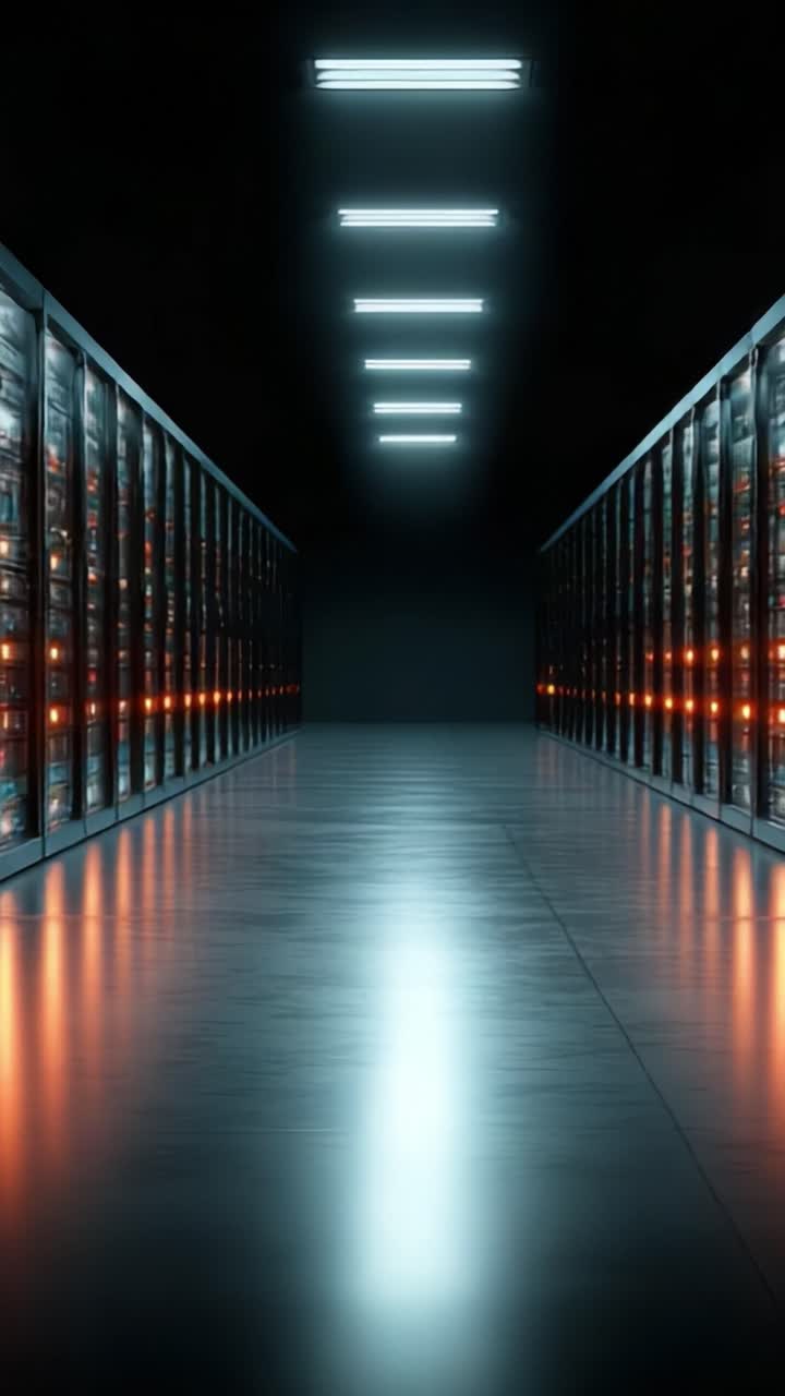 Una vista mozzafiato di un moderno data center, che mostra file di server allineati sotto luci intense, a rappresentare il futuro dell'archiviazione di informazioni guidato dalla tecnologia