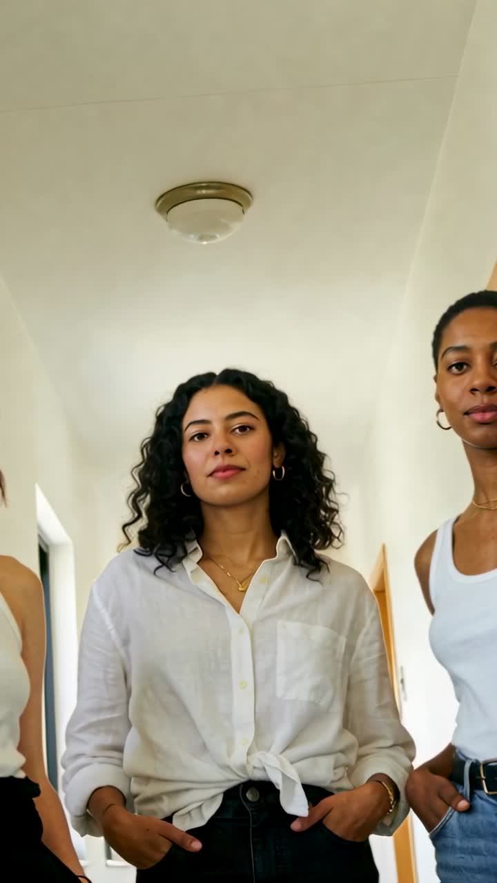Vídeo vertical: Câmera gravando, mulher central posando com amigos no corredor para retrato, com camisa amarrada