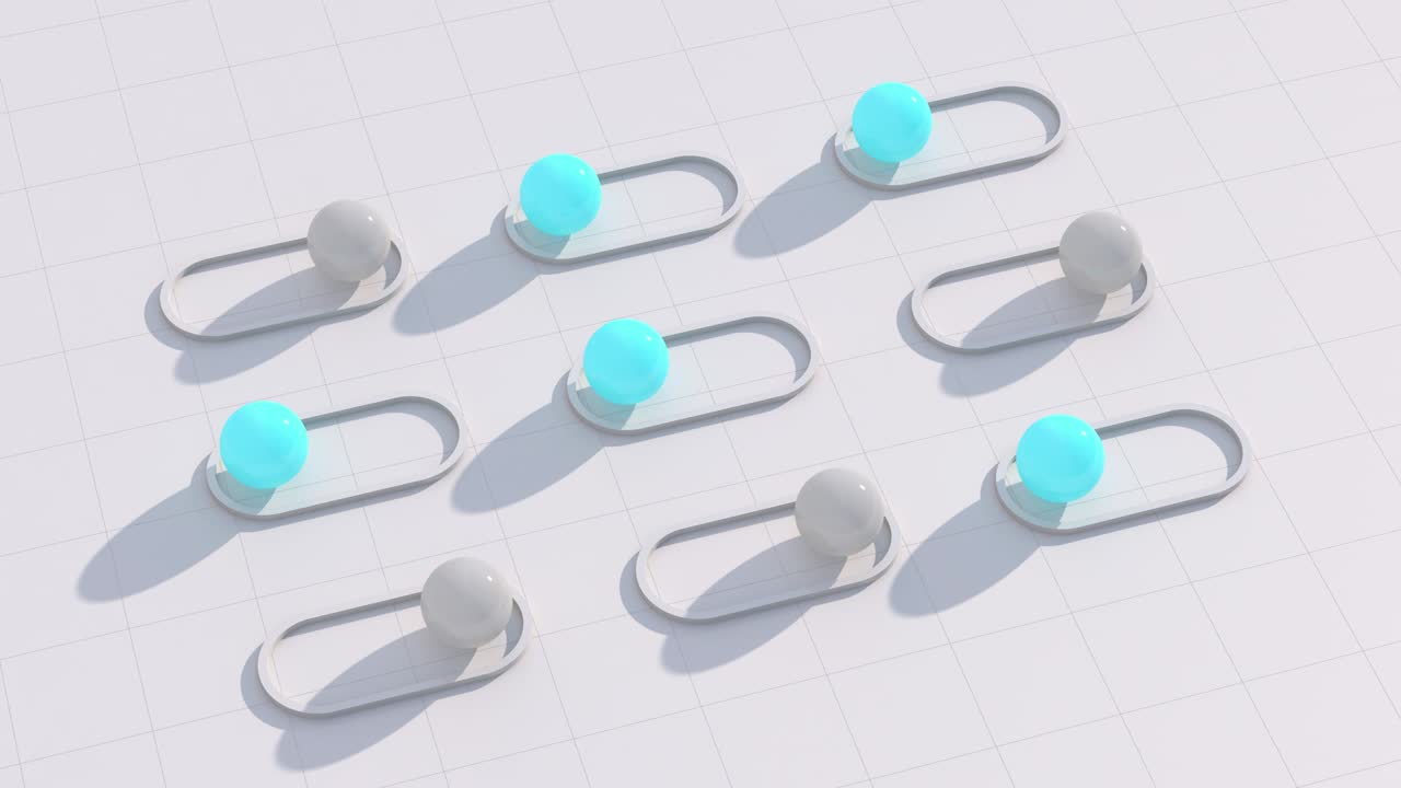 색을 바꾸는 공, 파란색 반이는 구, 추상적인 애니메이션, 3d 렌더링