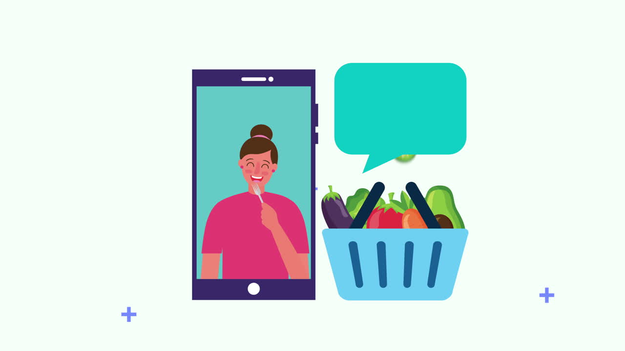 바구니와 스마트폰에 건강한 음식을 가진 여성