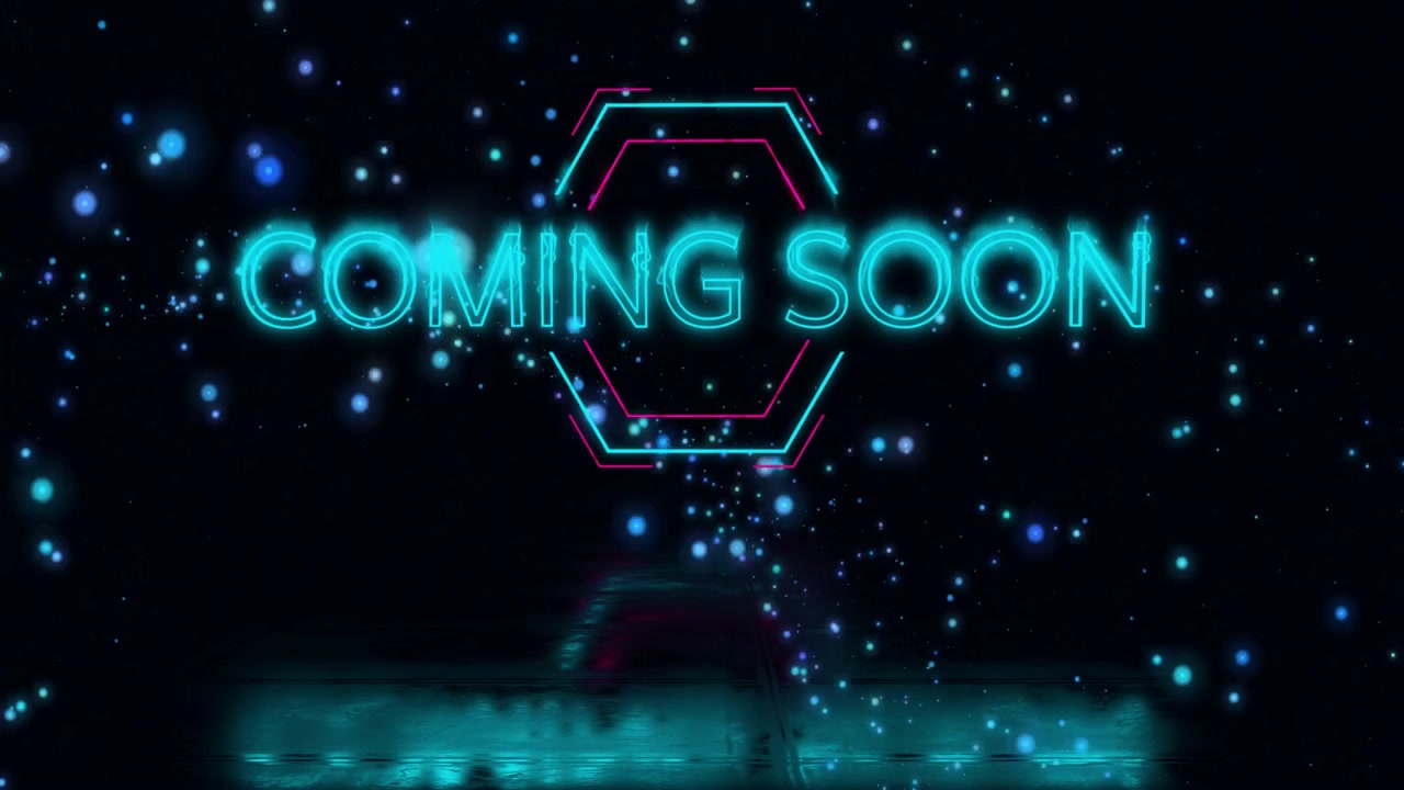 Glowing cyan letters drifting converging into COMING SOON in hexagon glitching announcing release