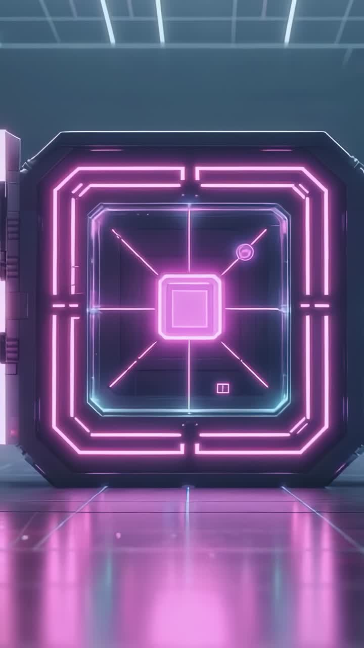 Video verticale: dopo una pausa, pannelli neon vault che scorrono verso l'esterno rivelando il nucleo sul pavimento, con luci
