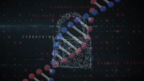 animación de la cadena de adn y el candado de seguridad en línea sobre un fondo oscuro