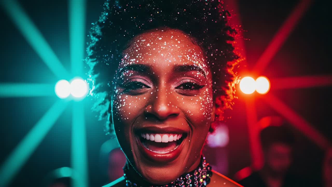 An Energetic Celebration Captured: A Joyful Moment with a Sparkling Personality Radiating Happiness and Positivity Amidst Colorful Lights and Lively Atmosphere
