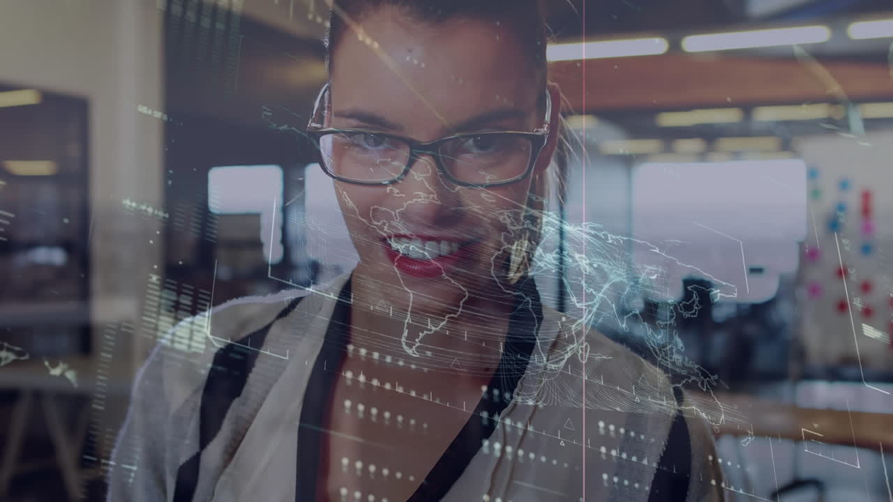 Animation of map, loading bars, globe and abstract patterns over biracial woman using digital tablet