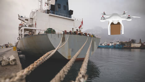 drone carrying a box in a port