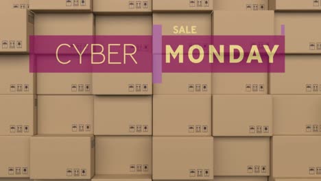 animation of cyber monday sale text over cardboard boxes