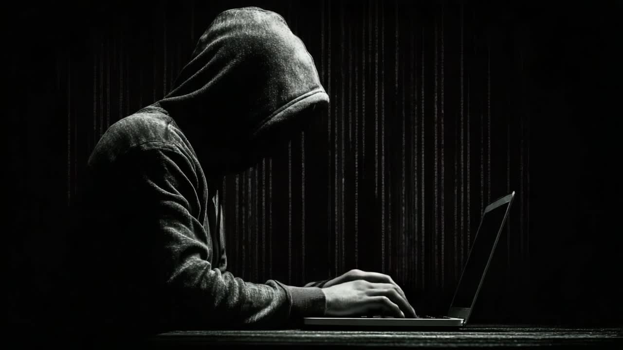 Una figura misteriosa con una felpa con cappuccio interagisce con un laptop, circondata da codice digitale a matrice che simboleggia l'intrigo dei mondi della cybersecurity e dell'hacking.