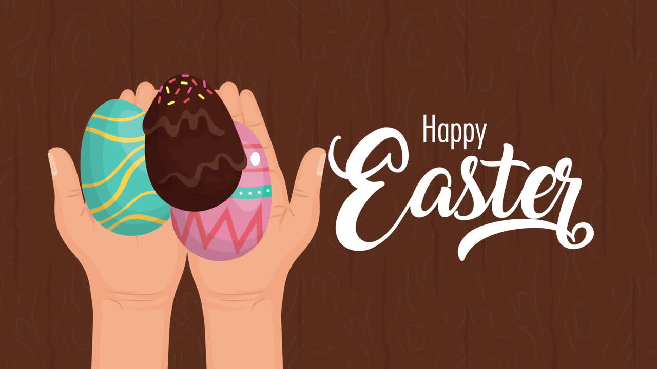 buona pasqua carta animata con le mani che sollevano le uova dipinte