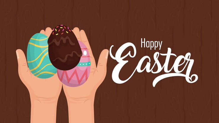 happy easter animated card with hands lifting eggs painted