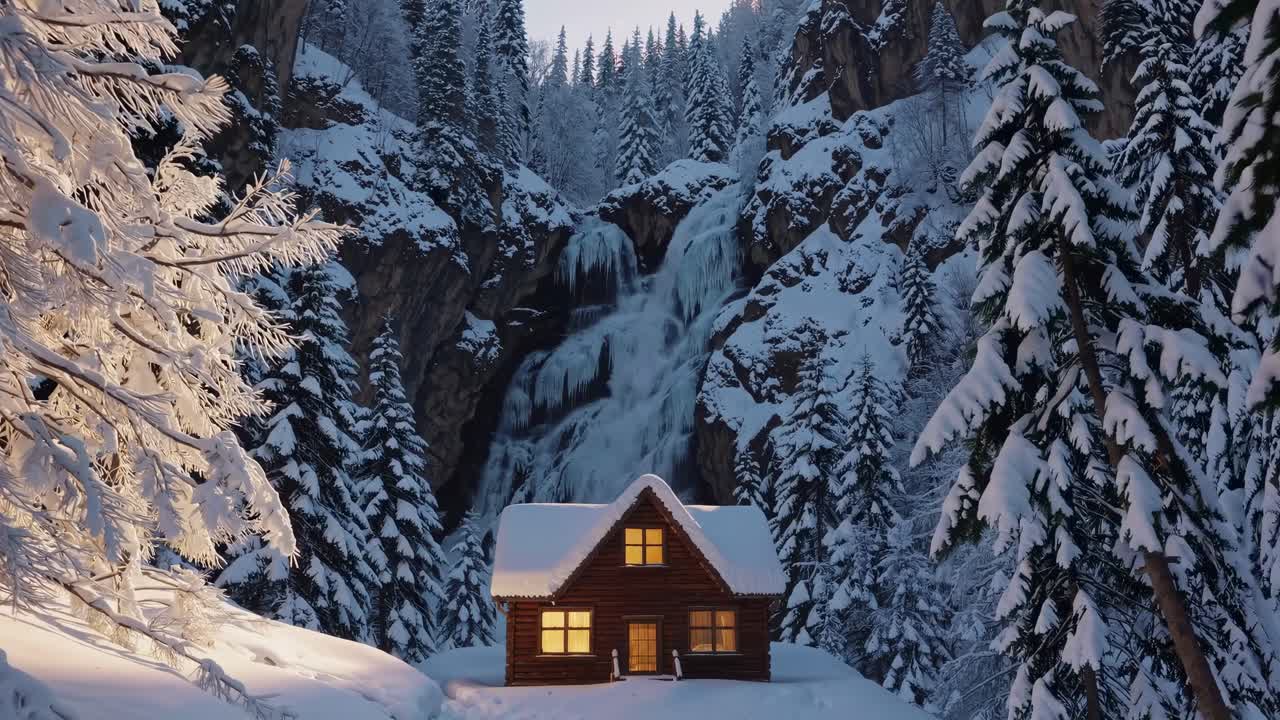 A cozy cabin with glowing windows nestled in a snowy forest, captured from a low-angle