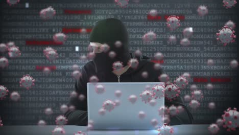 animación de células macro coronavirus covid-19 que se extienden sobre un hombre encapuchado hacker