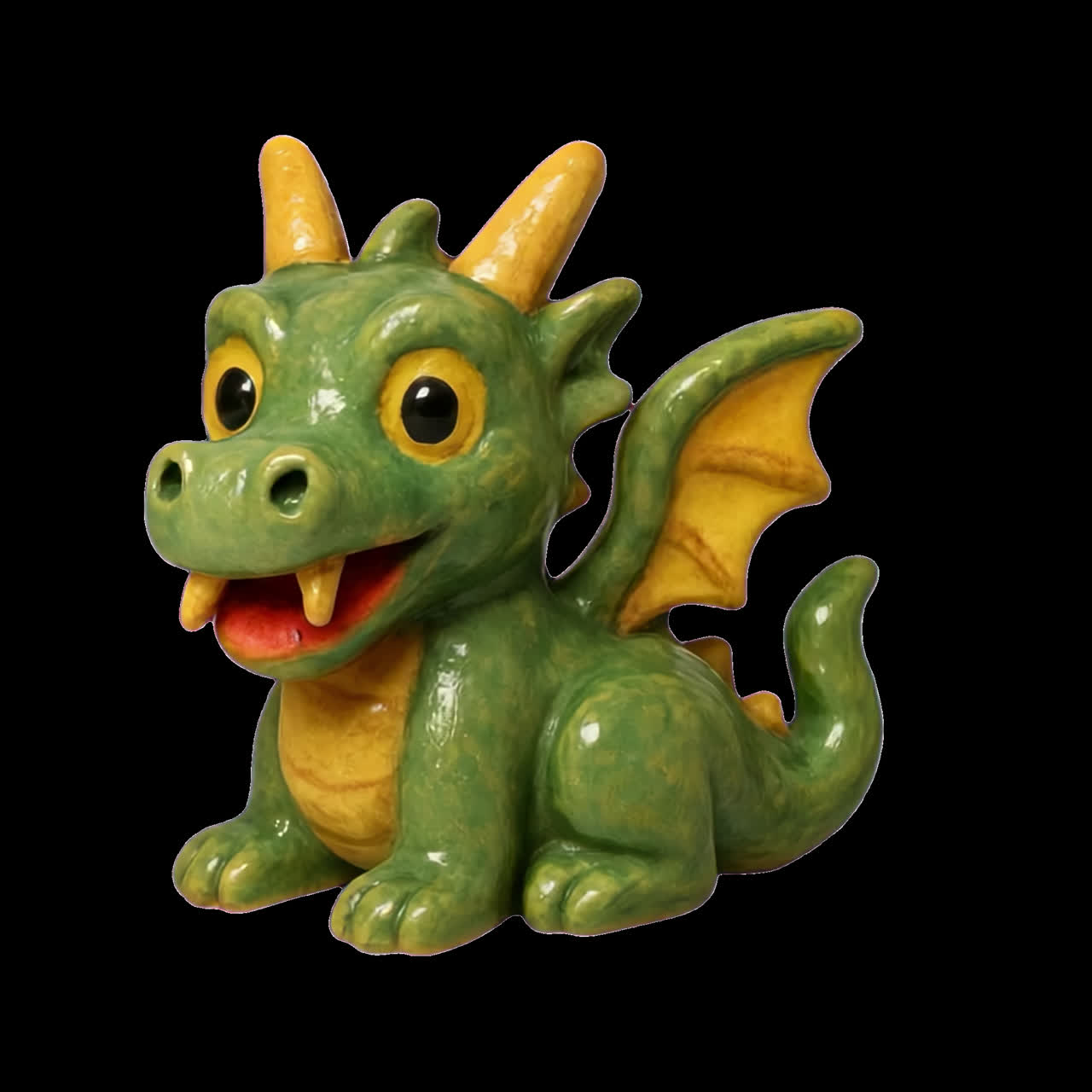 Animazione di simpatica statuetta di drago in ceramica come risorsa isolata, video 4K trasparente, canale alfa, ProRes