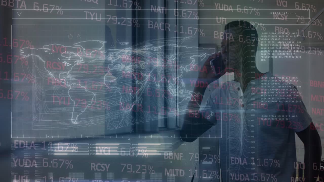 animación del procesamiento de datos sobre un hombre de negocios afroamericano hablando en un teléfono inteligente