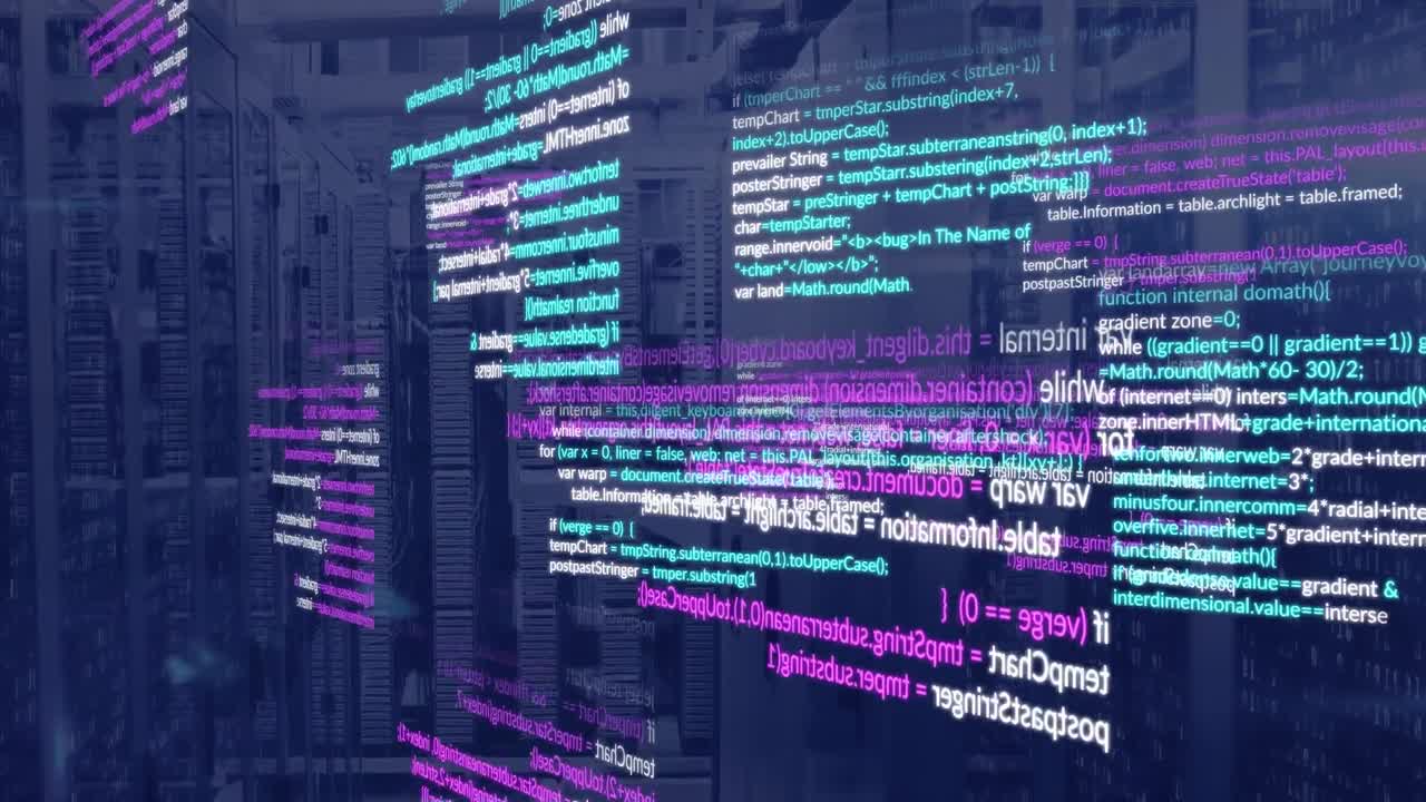 animación de lenguaje de computadora multicolor con códigos binarios sobre la sala del servidor