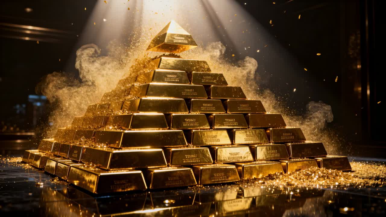 Reflektory zesilují, pyramida zlatých cihel zvedá horní závoru v trezoru pro dramatický efekt, s kouřem a třpytkami.
