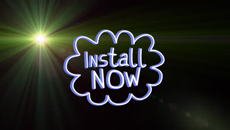 animation of multicolored install now text in cloud and lens flare over black background