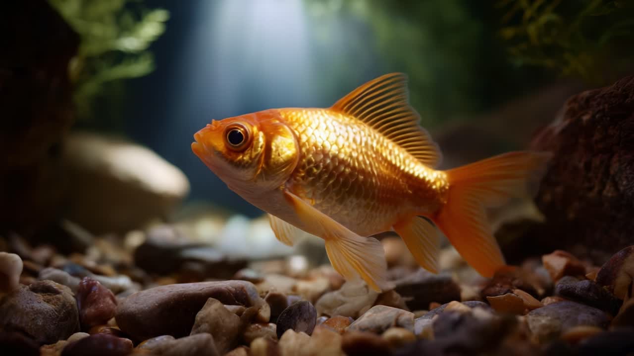 Um peixinho dourado cativante deslizando graciosamente por uma cena subaquática brilhante, iluminada pela luz do sol salpicada, mostrando suas cores vibrantes e nadadeiras