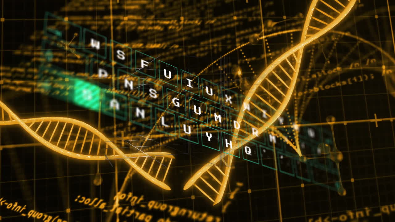 Animation of DNA strands and letters over digital grid in scientific visualization