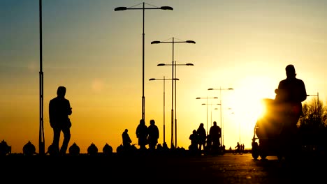 silhouette of lovers, cyclists, a woman with a stroller, skaters ride in a park at sunset