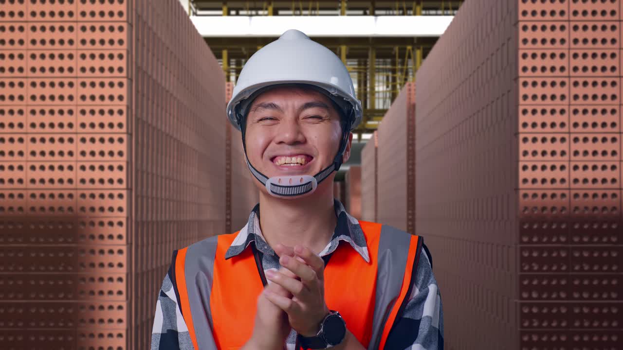 Close Up Of Asian Male Engineer With Safety Helmet Smiling And Clapping His Hands While Standing With Red Brick Packed in Stacks Are Stored