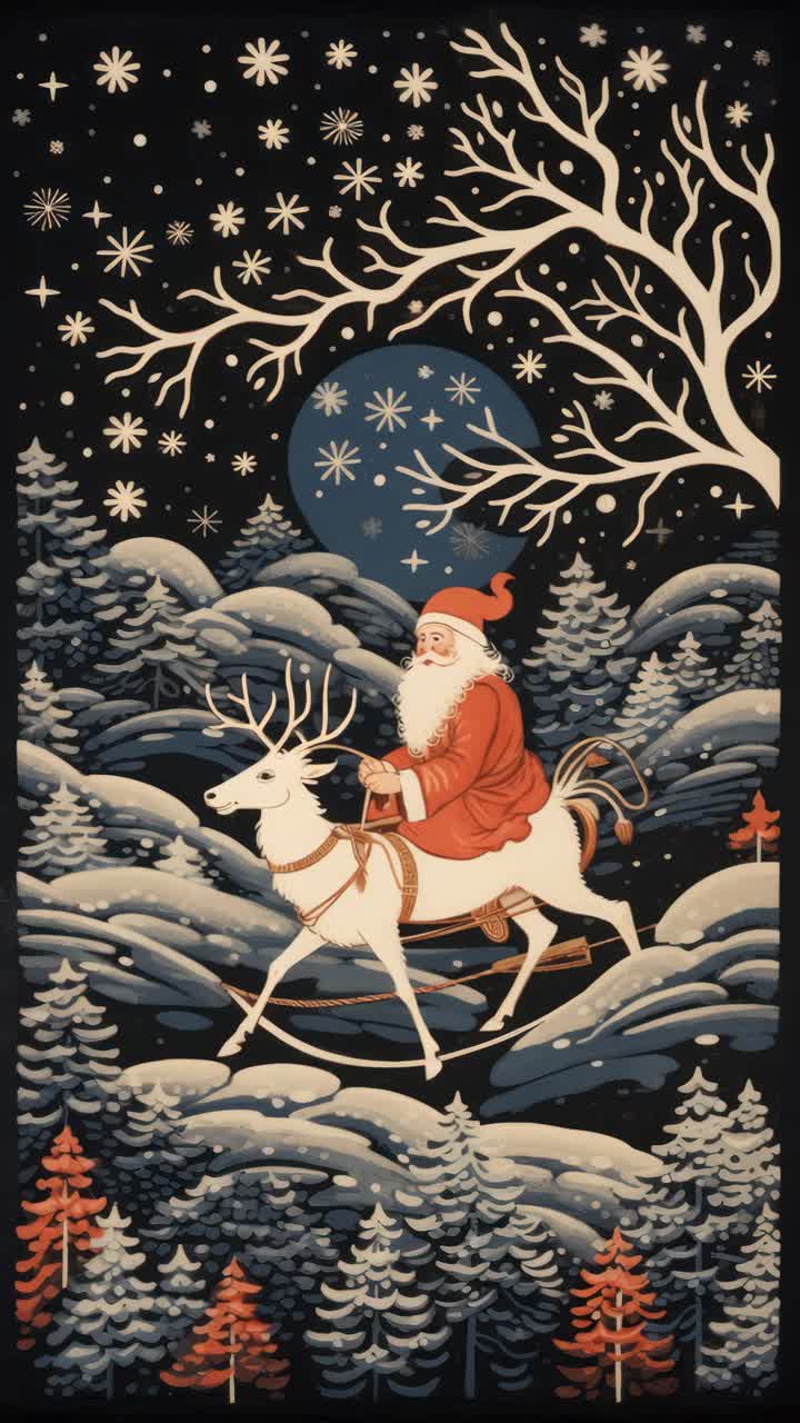 Vintage-style illustration of Santa on a reindeer, set in a snowy forest