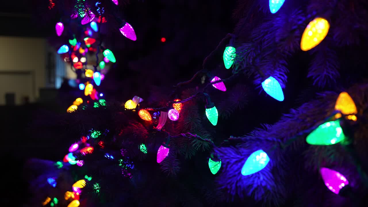 Close Up of Colorful Christmas Lights on a Tree at Night