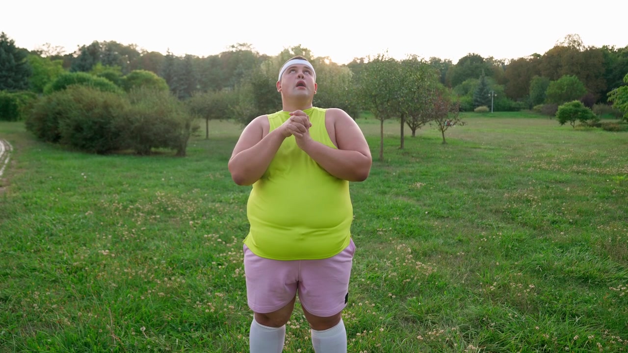Homem com Sobrepeso Aquecendo e Alongando em um Parque Verde