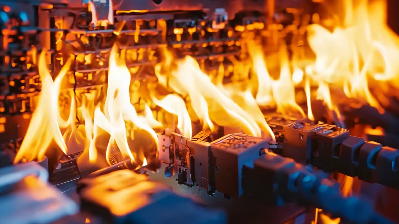 un primer plano de una placa base de una computadora con un fuego en el fondo