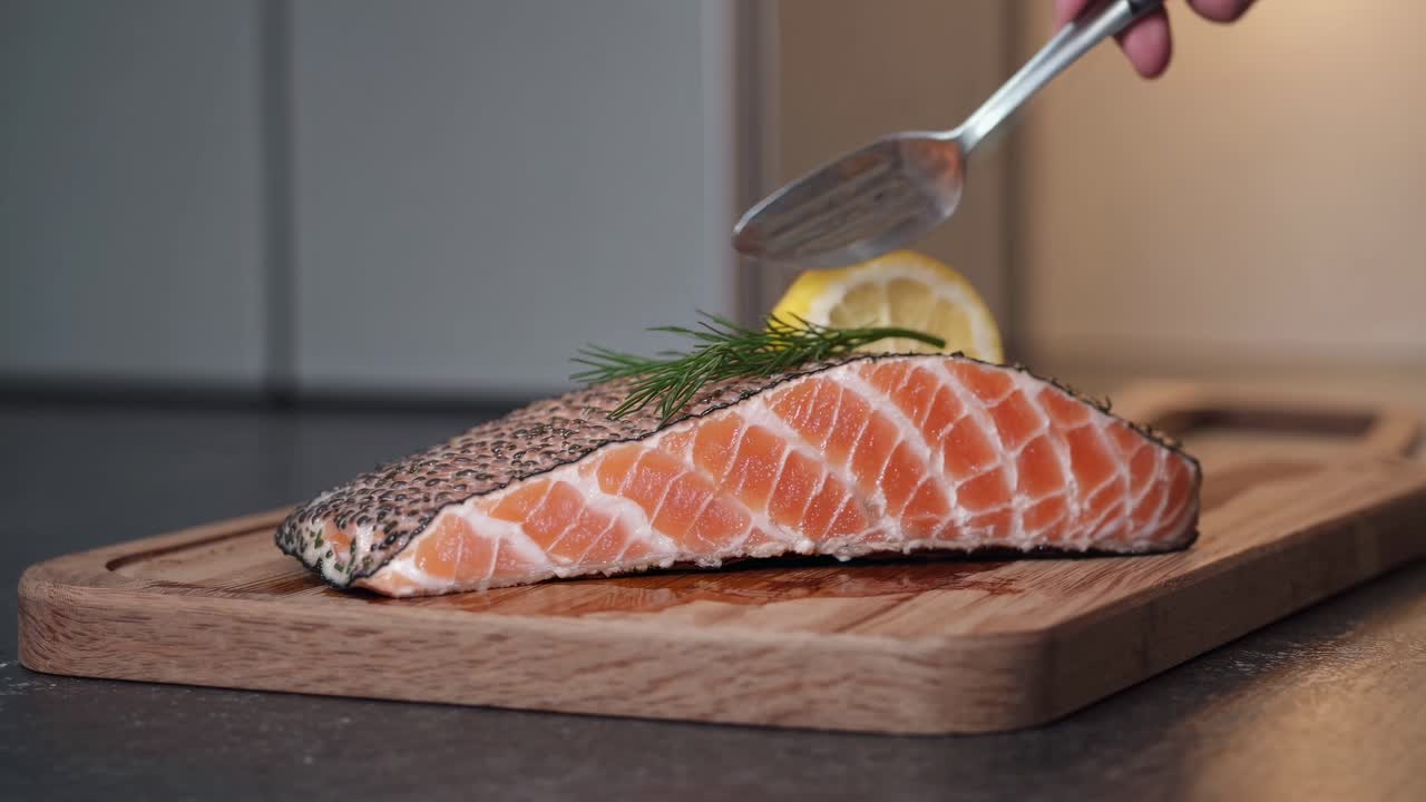 Primo piano di filetto di salmone fresco su un tagliere di legno, guarnito con aneto e limone.